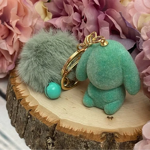 Mint Green Felt Bunny Charm with Pom Pom Keychain - Picture 7 of 10